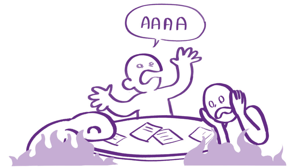 An illustration of several people panicking at the table.