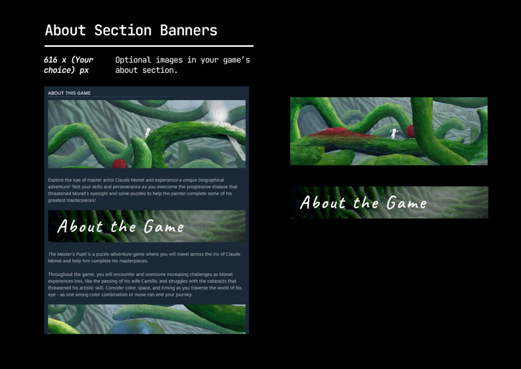 Sample of banner images in the about section in the steam store page.
