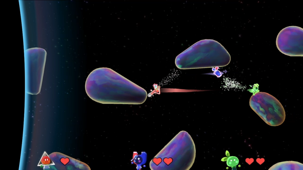 A screenshot of Which Way Up's minigame, "Lightspeed". The image shows the game's galaxy background, with odd shaped planets and characters running around them. To the left is a line that is erasing anything that touches it.