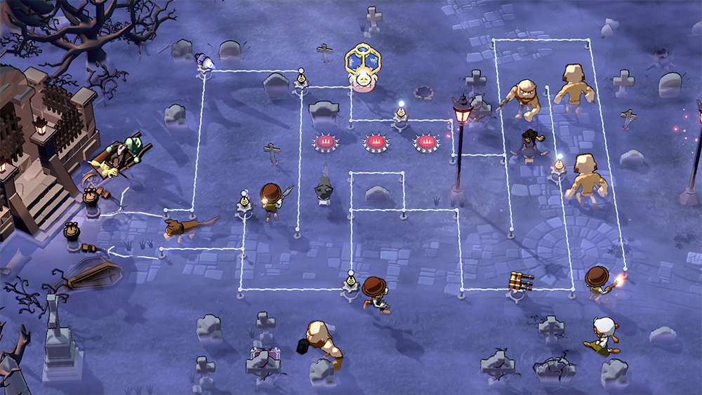 Screenshot of Frankenstorm TD. he screenshot shows the outside of a castcle, with various lines/mazes as well as enemies navigating through it.
