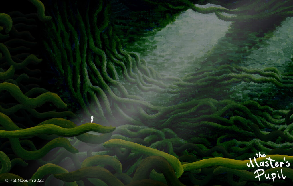 Screenshot of the Master's Pupil. The Main Character is in a green setting of vines, light shines a spotlight down on them.