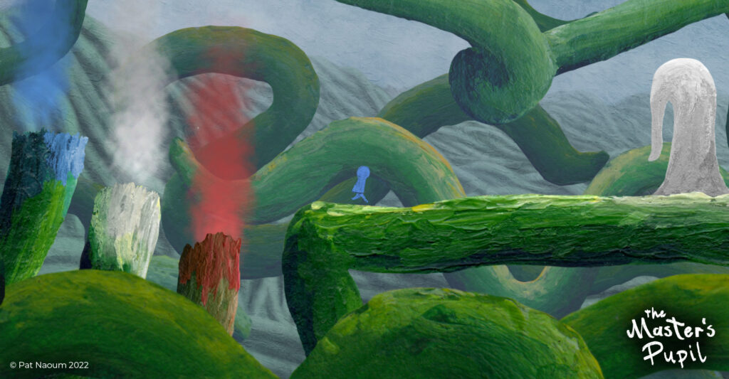Another screenshot of the game, with the main character painted blue. It's running past some colourful gas pipes, and towards a white "sniffy" obstacle.