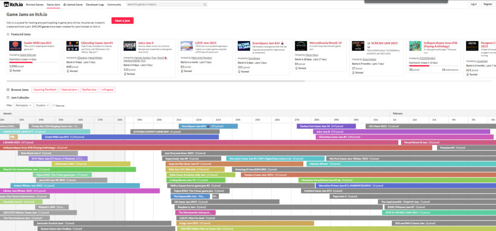 Itch.io's large game jam calendar of events.