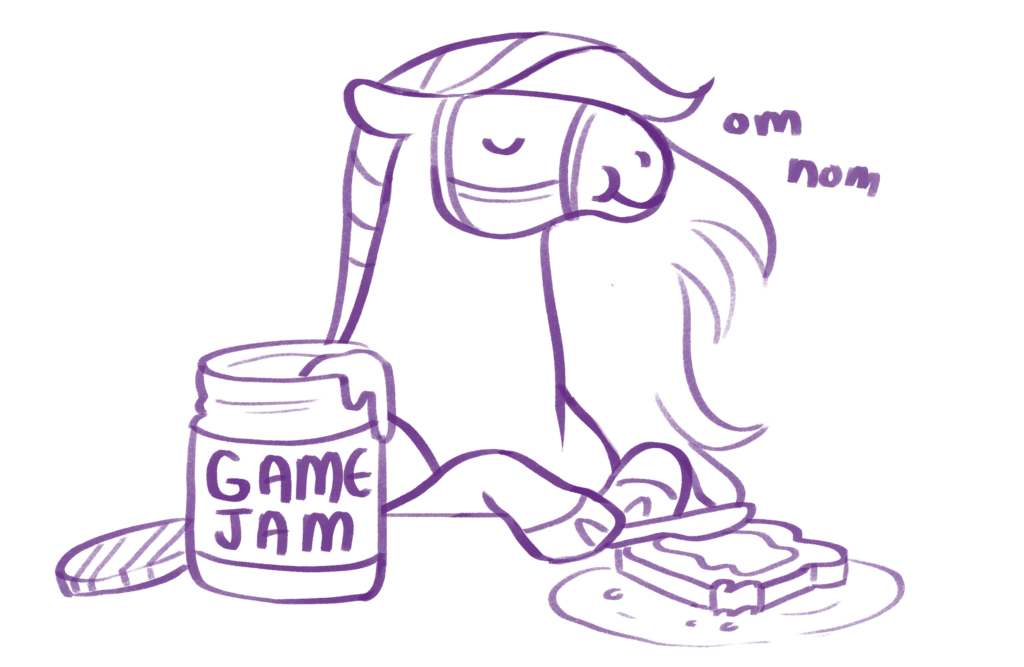 Illustration of a horse eating some toast with "Game Jam".