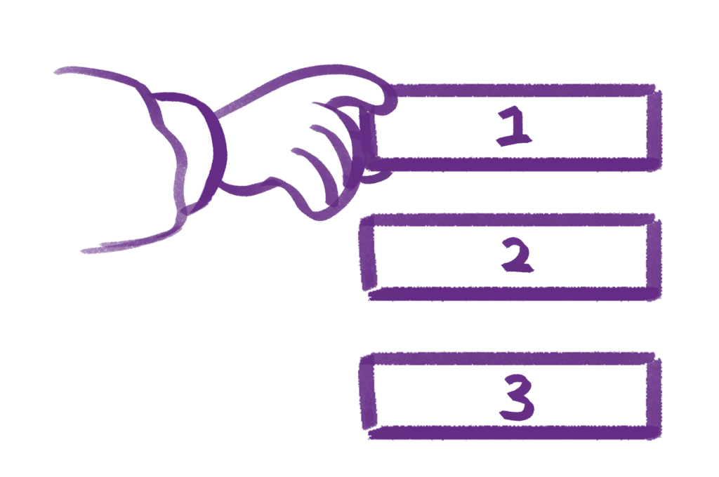 An illustration of a hand picking up a card from a Kanban board. Each card is labelled 1, 2 and 3 in order.