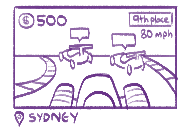 An illustration of a racing car game's screen in first point perspective.