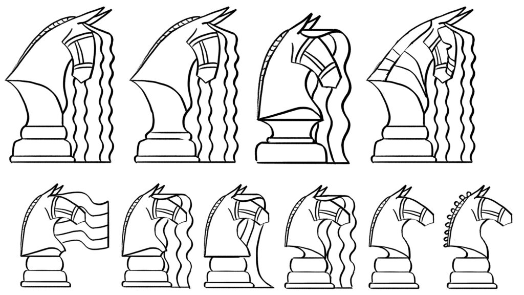 More sketches of the Knight chess piece, exploring different hairstyles for the Friesian horse.