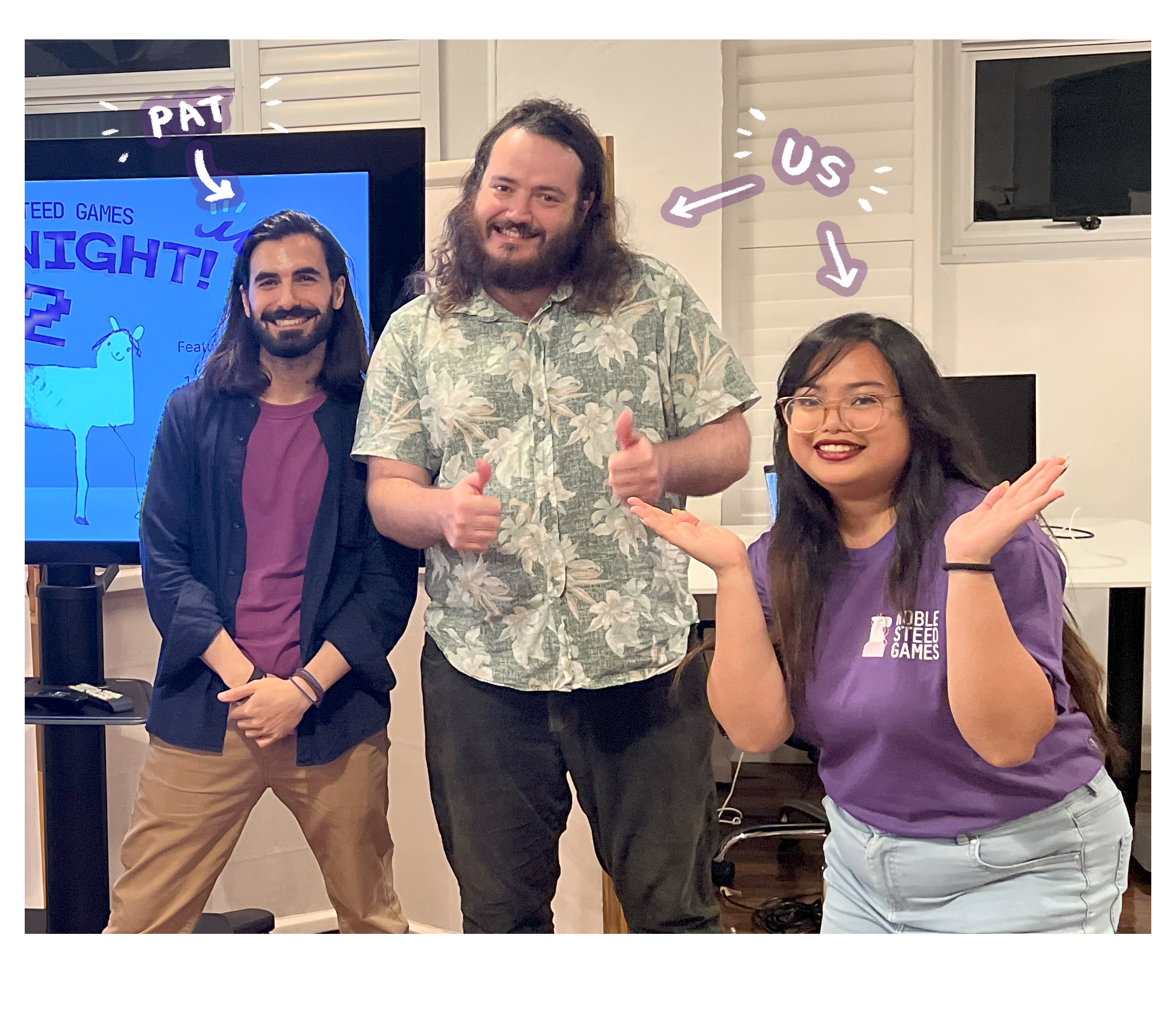 A photograph of Noble Steed Games team with Pat Naoum.